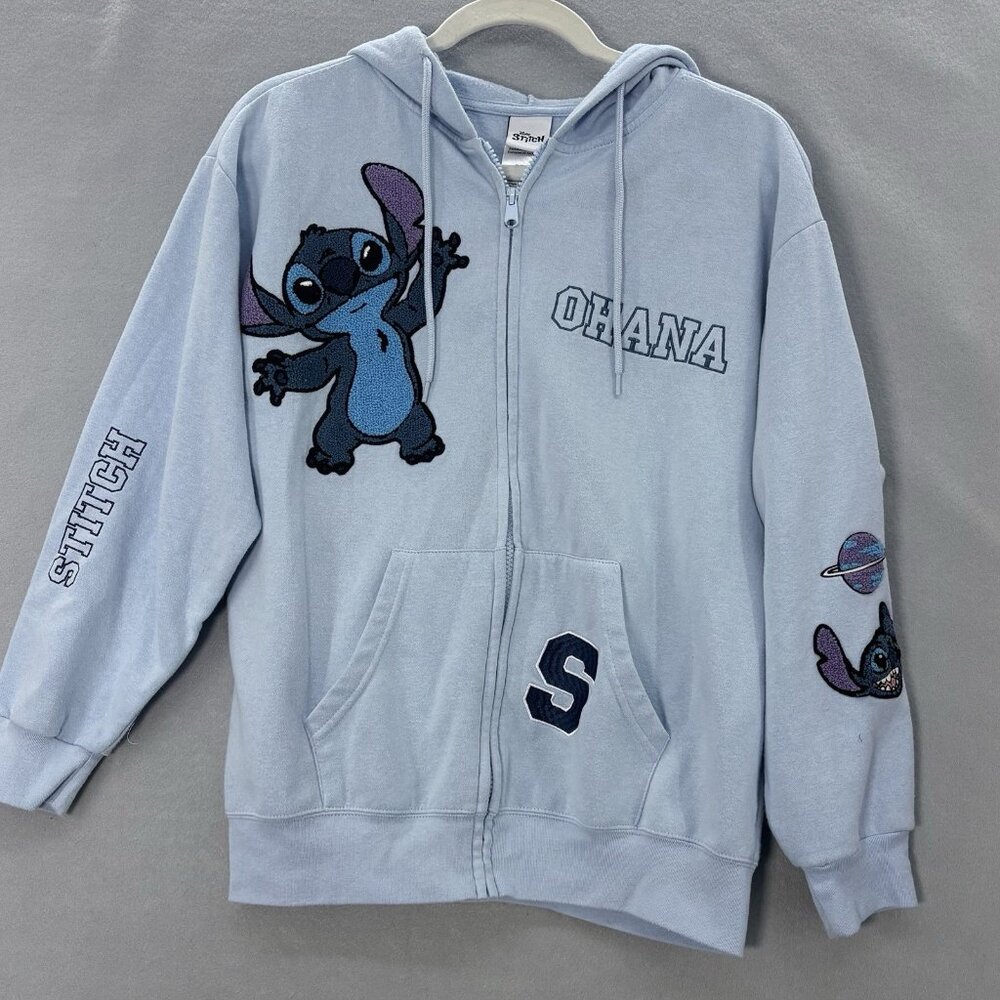 STITCH Disney Ohana Lilo‎ & Stitch Light BLUE Hoodie Zip Jacket SZ Medium Casual